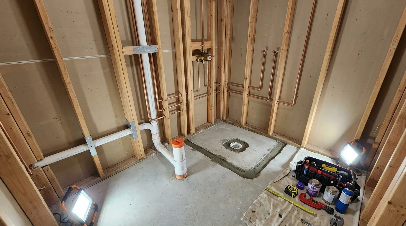 Bathroom rough-in plumbing during remodel by Johns Plumbing LLC in Estherville