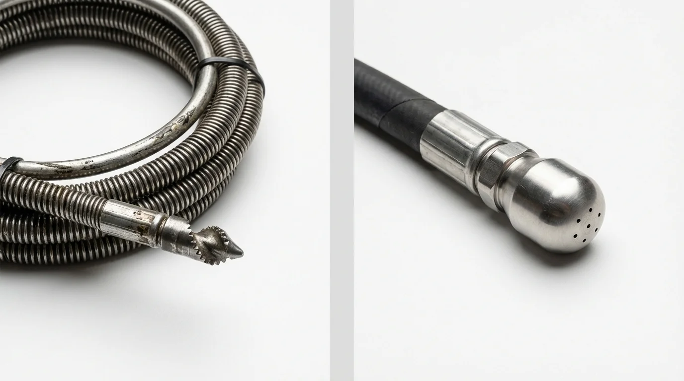 Drain snake cable and hydro jetting nozzle used for drain cleaning in Estherville, IA