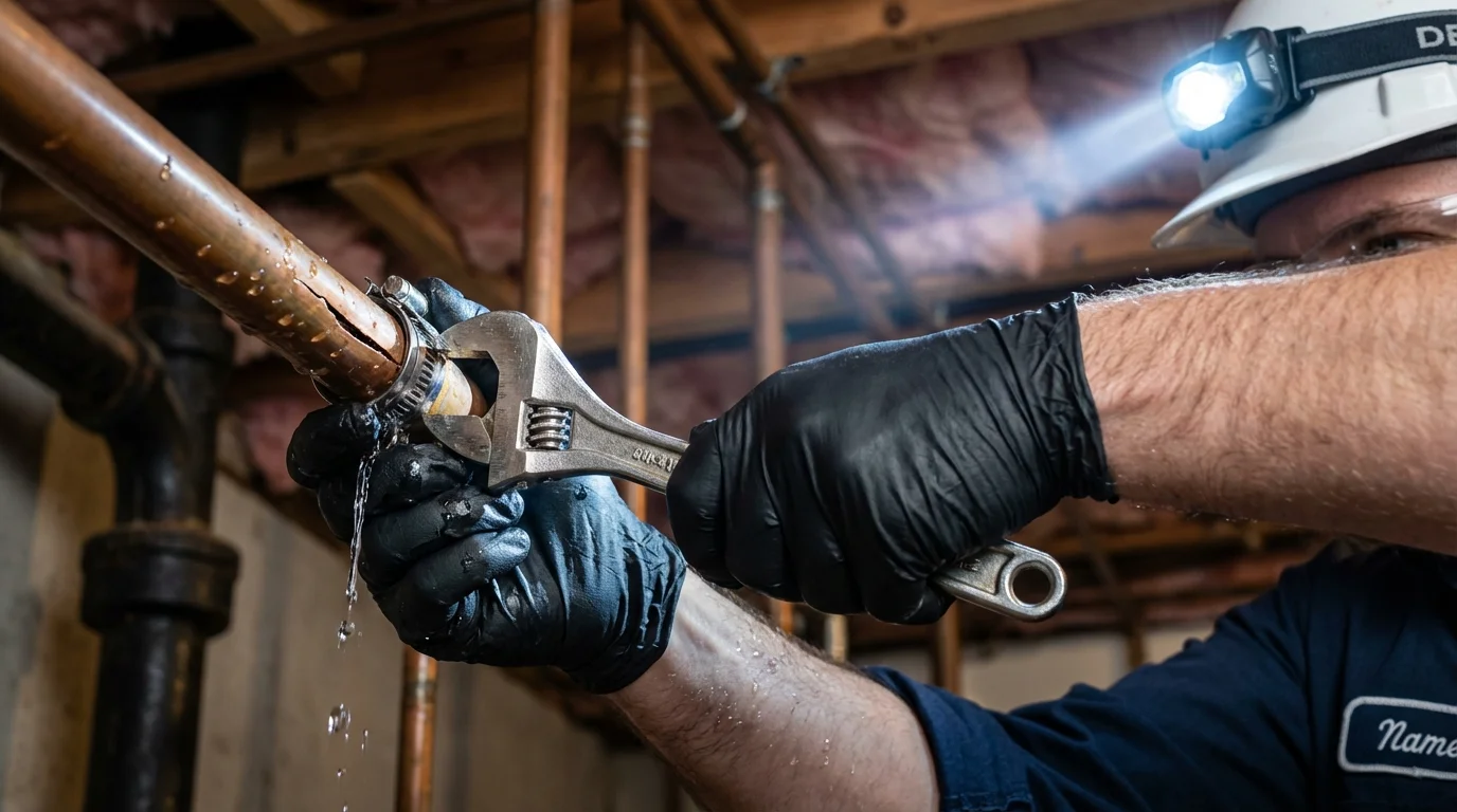 Emergency pipe clamp repair being performed by a Johns Plumbing LLC plumber in Estherville