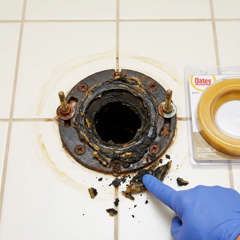 Failed wax ring showing water seepage at the base of a toilet in a Estherville, IA home