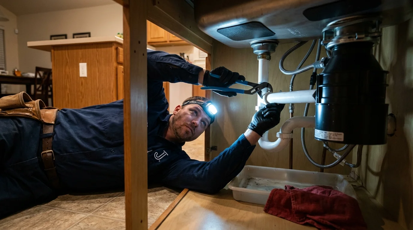 P-trap and supply line connections under a kitchen sink showing a common leak point in Estherville, IA
